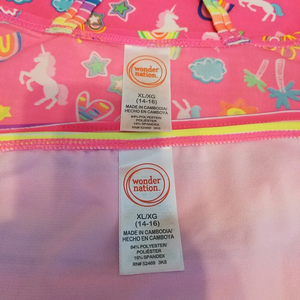 Wonder Nation Girls XL 14-16 Pink Unicorn Tankini Rainbow Swimsuit Set